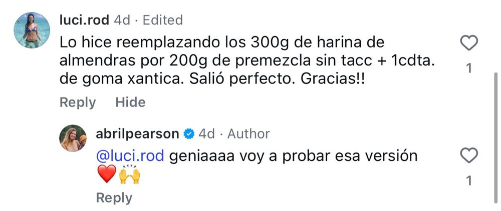 Comentario real de una seguidora en una receta de Abril en Instagram