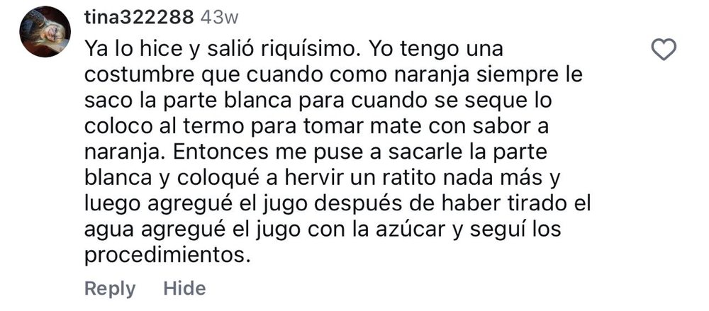 Comentario real de una seguidora en una receta de Abril en Instagram