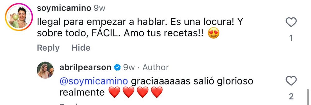 Comentario real de una seguidora en una receta de Abril en Instagram