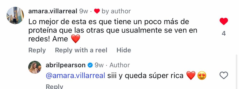 Comentario real de una seguidora en una receta de Abril en Instagram