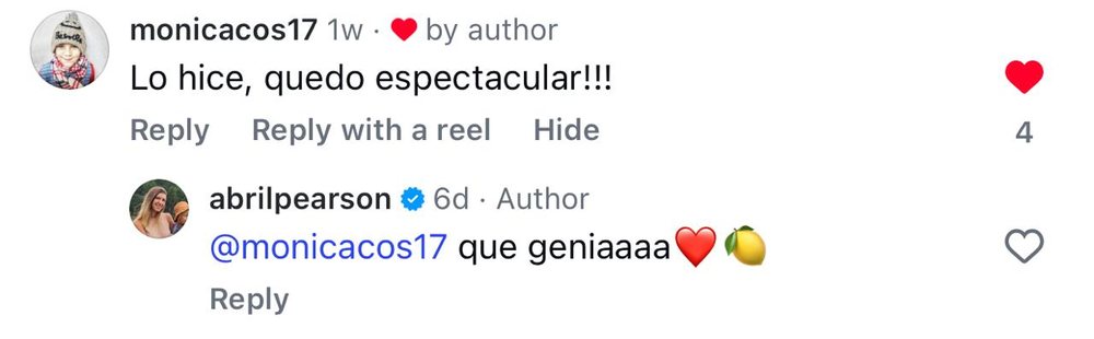 Comentario real de una seguidora en una receta de Abril en Instagram
