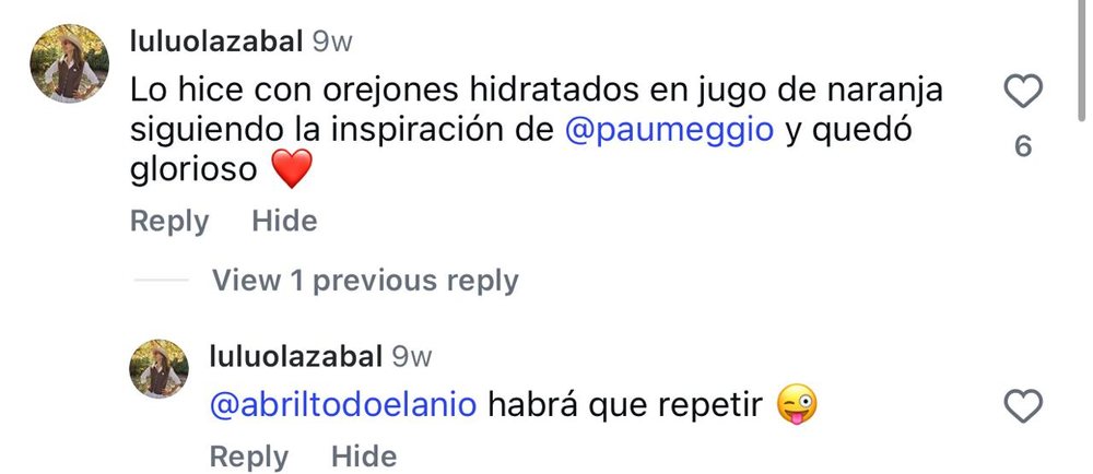 Comentario real de una seguidora en una receta de Abril en Instagram