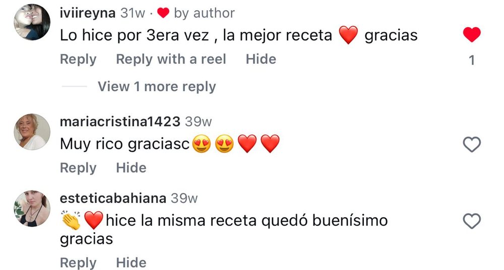 Comentario real de una seguidora en una receta de Abril en Instagram