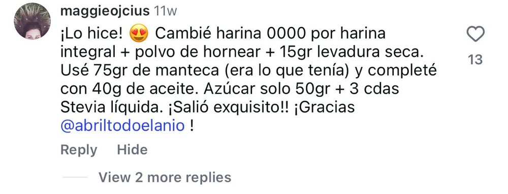 Comentario real de una seguidora en una receta de Abril en Instagram